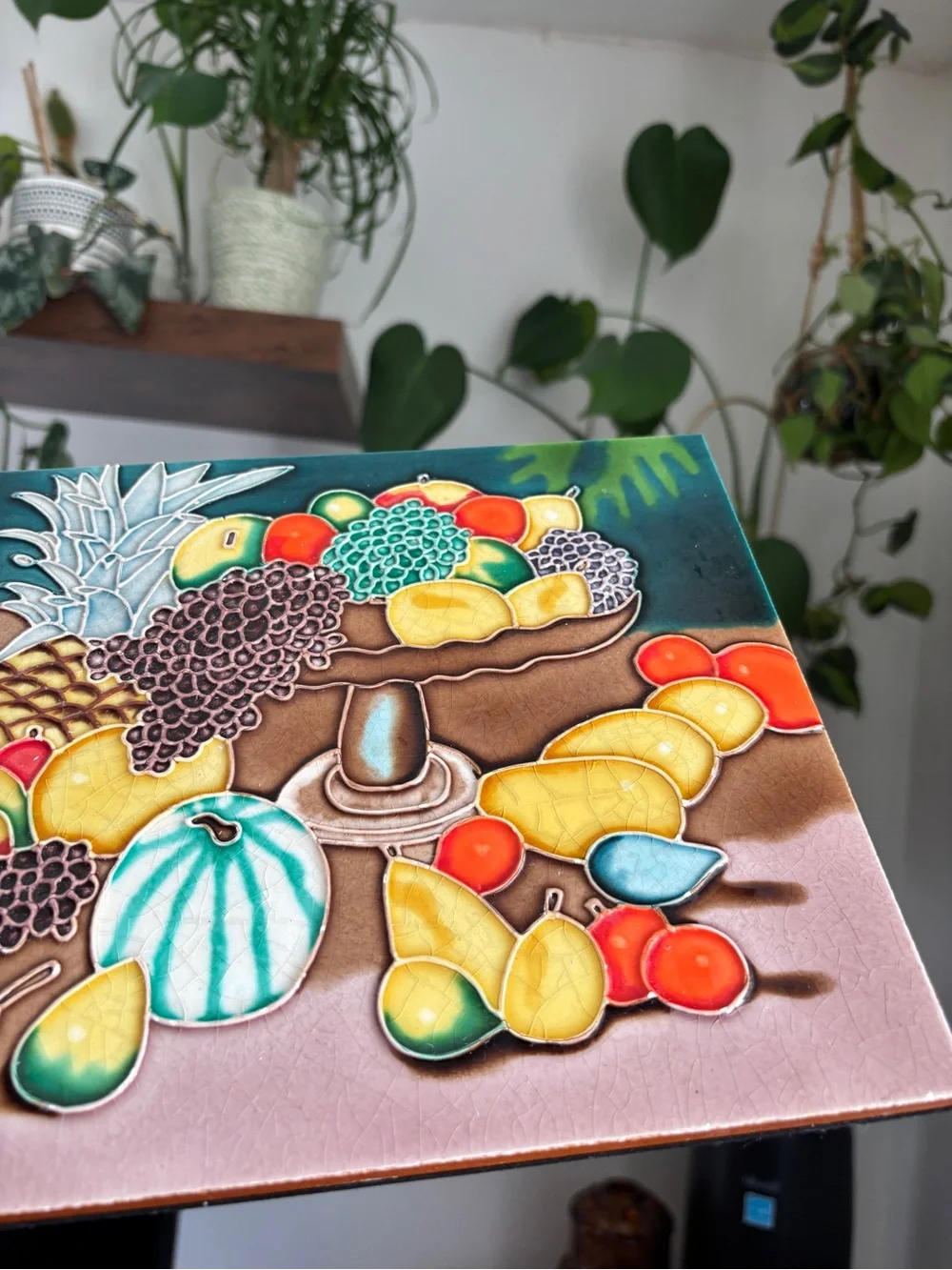 EUC Vintage Hand-Painted Ceramic Tile Tropical Fruit Retro Artwork / Wall Art